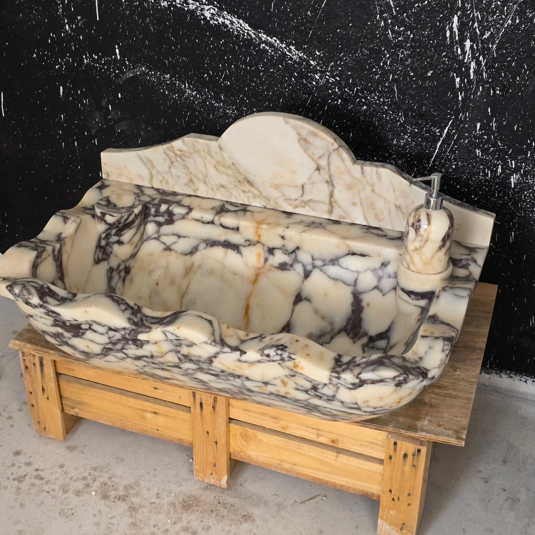 30’’ Calacatta Viola Wave Front Marble Sink – Wall Mounted Floating Vanity – Luxury Bathroom Sink Handmade