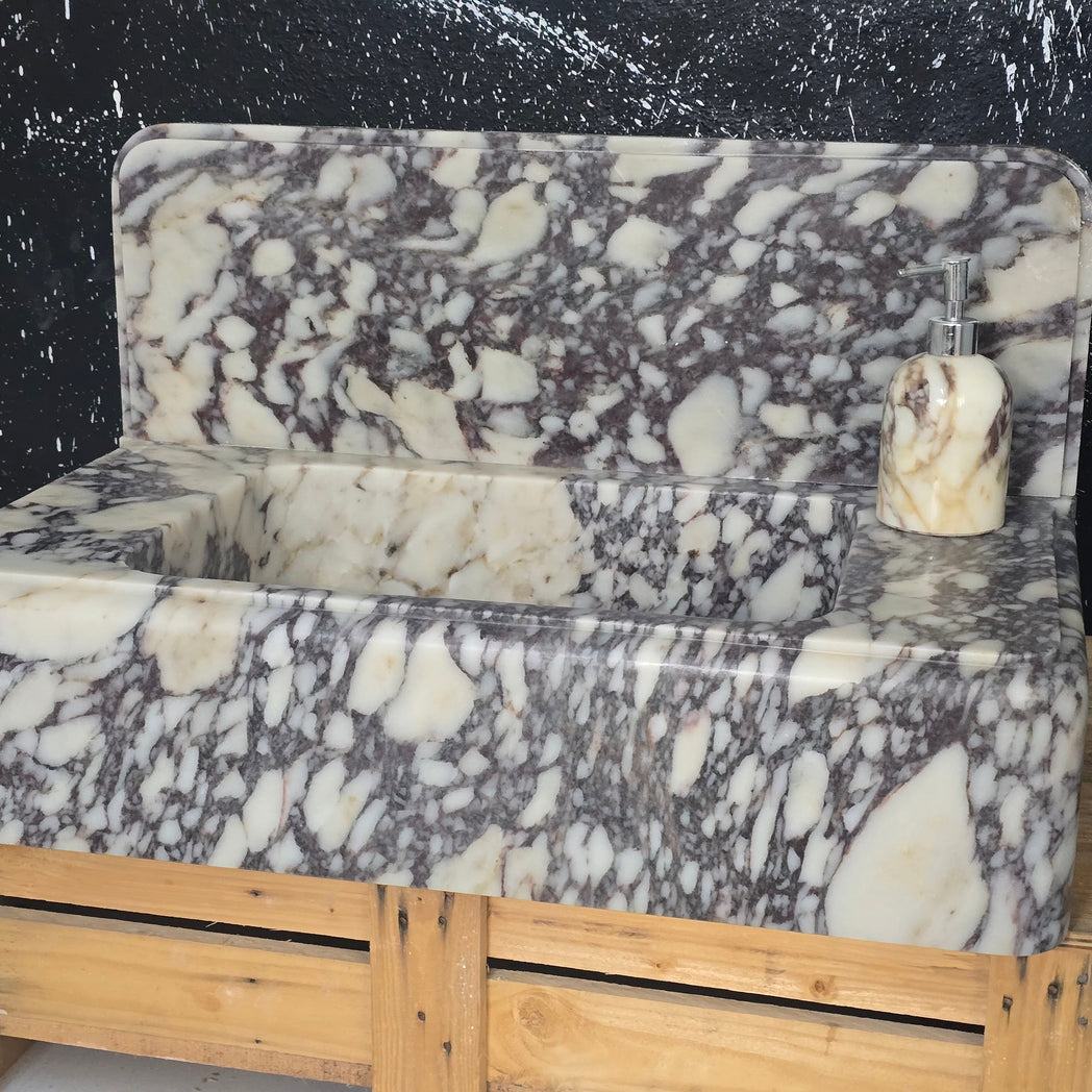 30’’ Calacatta Viola with 8’’ backsplash Marble Sink – Wall Mounted Floating Vanity – Luxury Bathroom Sink Handmade