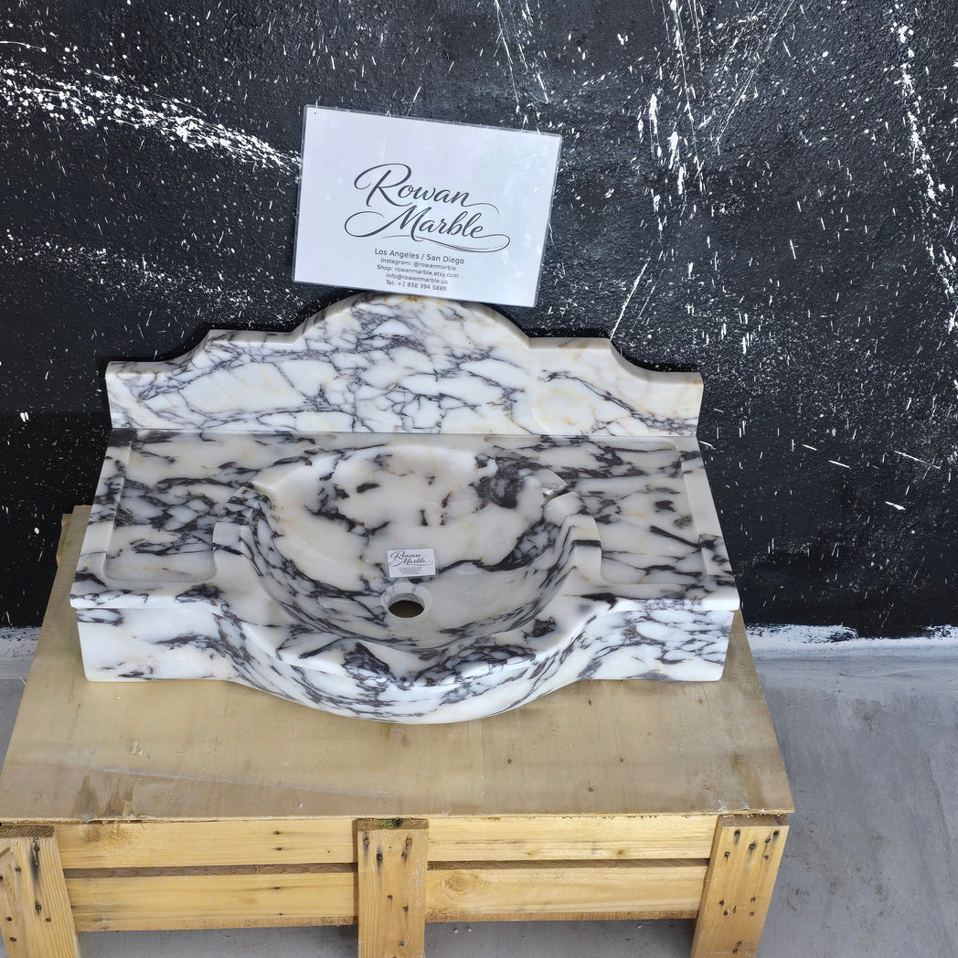 30’’ Calacatta Viola with backsplash Marble Sink – Wall Mounted Floating Vanity – Luxury Bathroom Sink Handmade