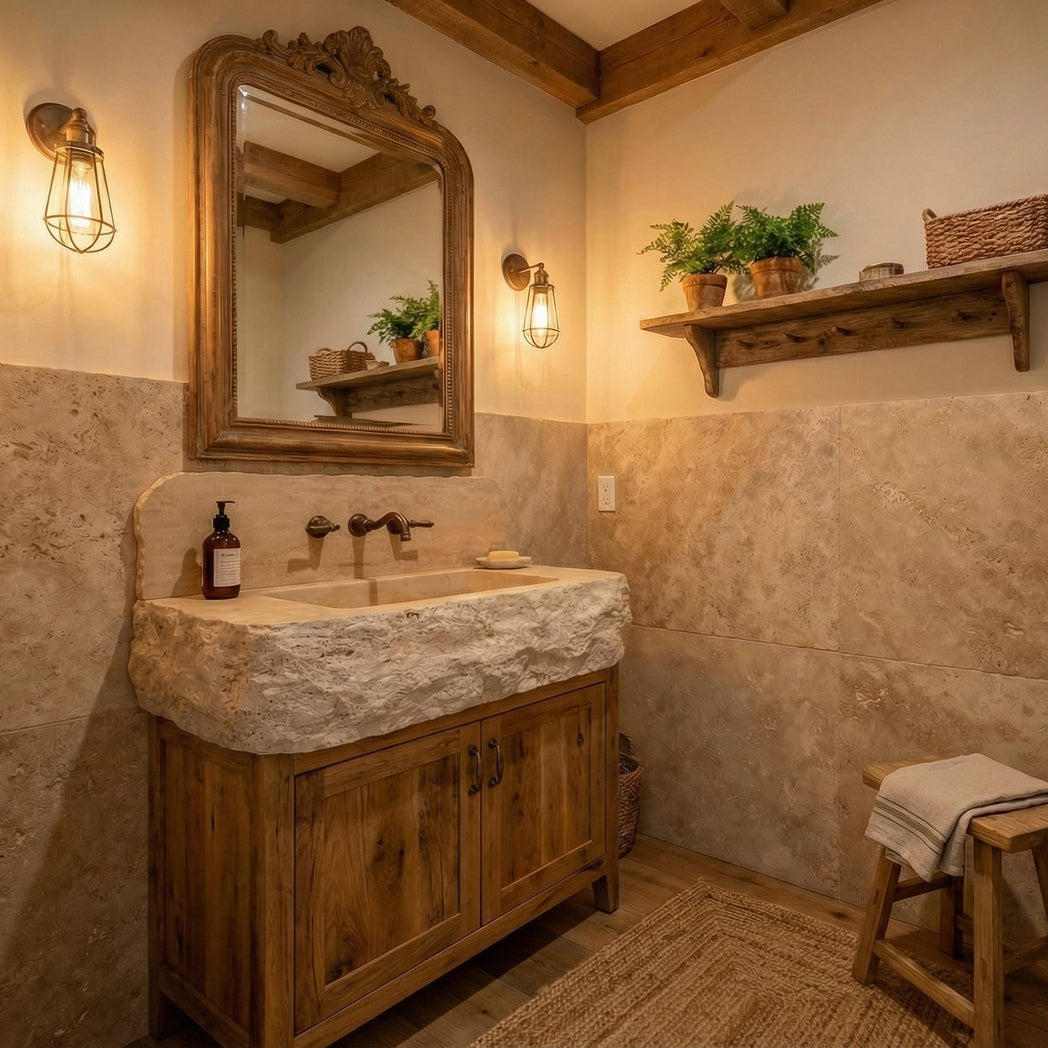 30’’ Travertine Marble Sink – Wall Mounted Floating Vanity – Luxury Bathroom Sink Handmade