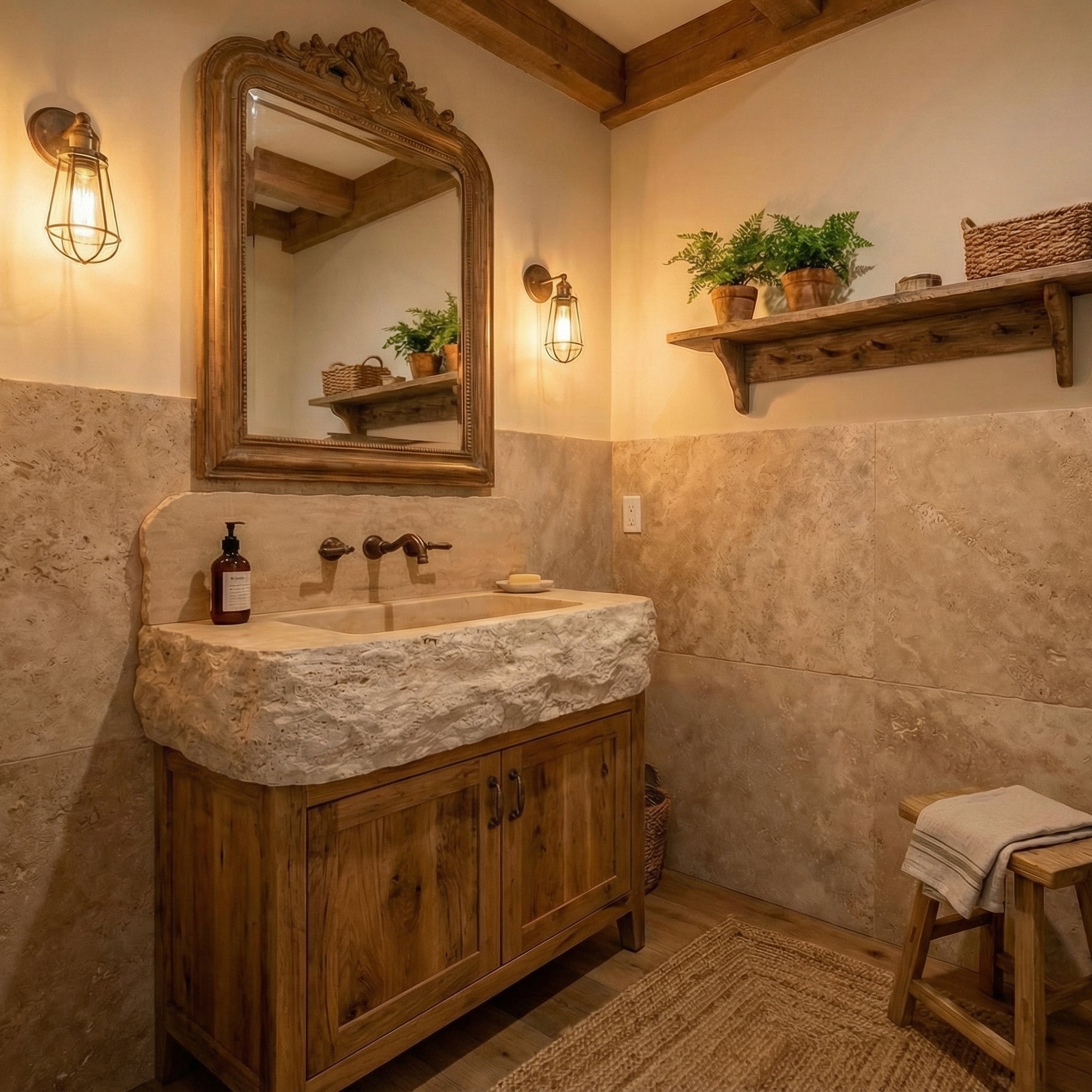 30’’ Travertine Marble Sink – Wall Mounted Floating Vanity – Luxury Bathroom Sink Handmade