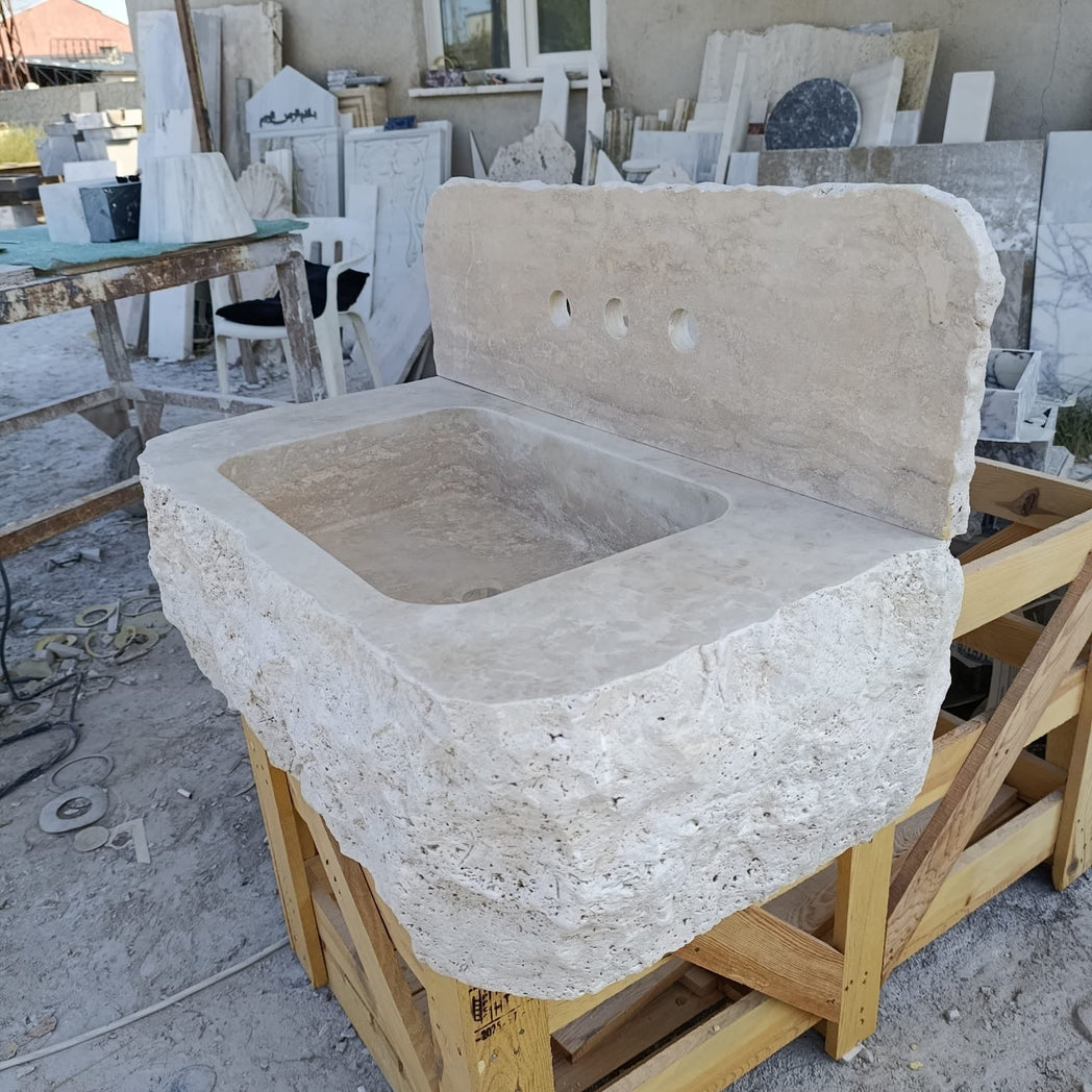30’’ Travertine Marble Sink – Wall Mounted Floating Vanity – Luxury Bathroom Sink Handmade