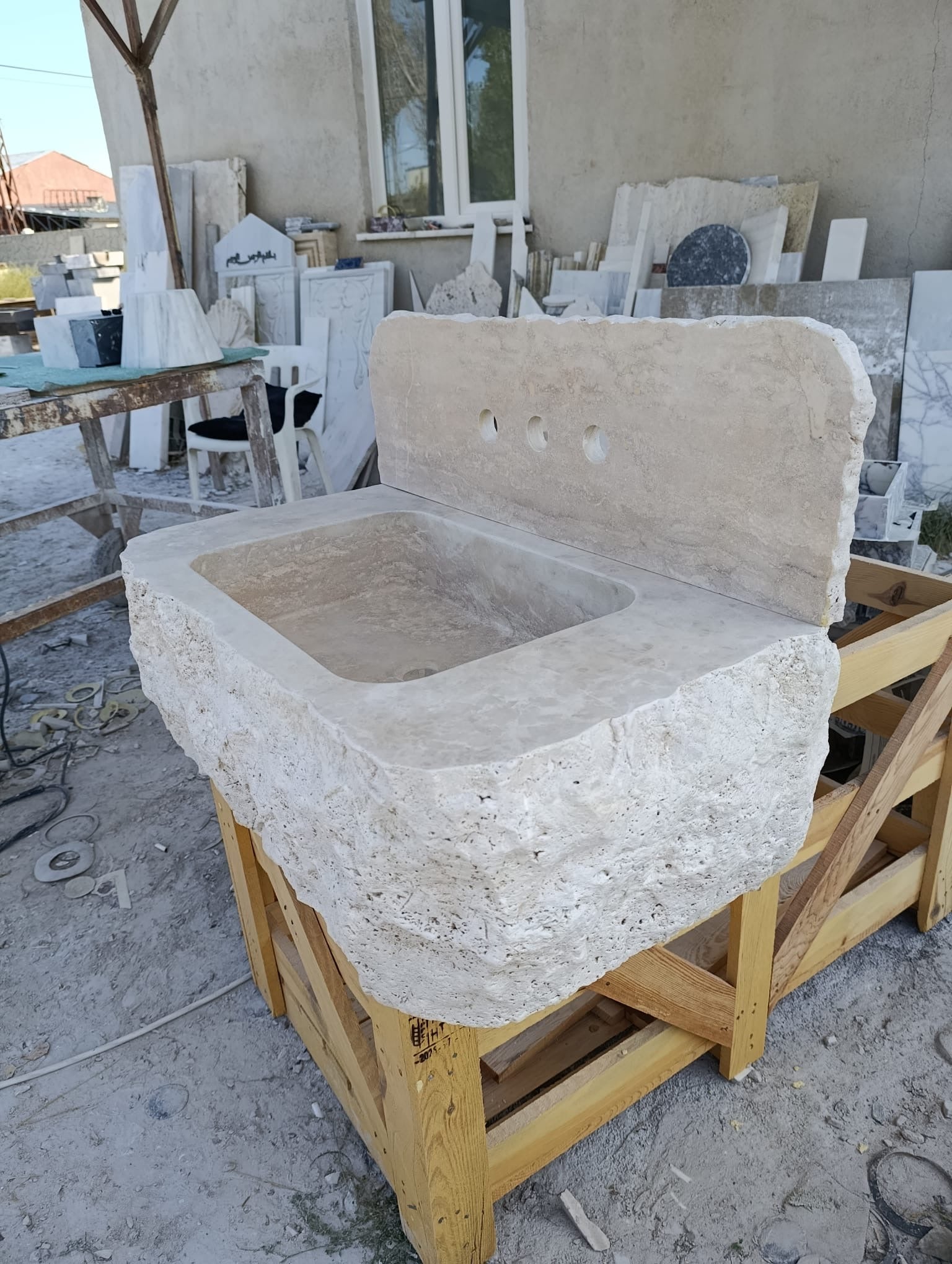 30’’ Travertine Marble Sink – Wall Mounted Floating Vanity – Luxury Bathroom Sink Handmade