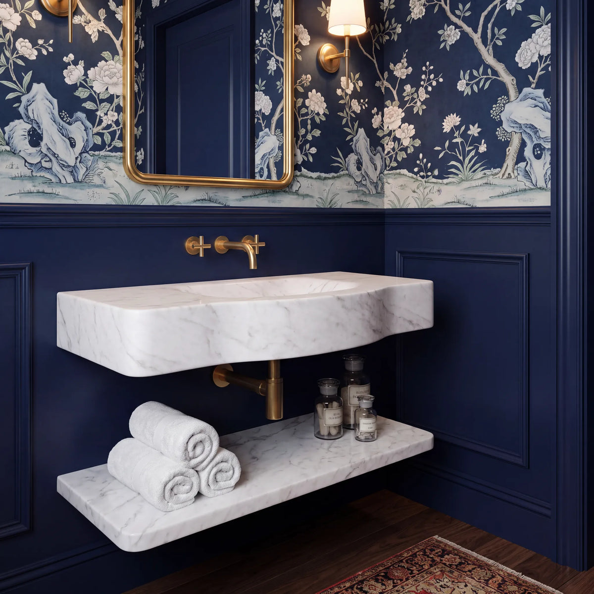 Oregon – Custom Wall-Mounted Carrara White Marble Bathroom Sink with Floating Shelf