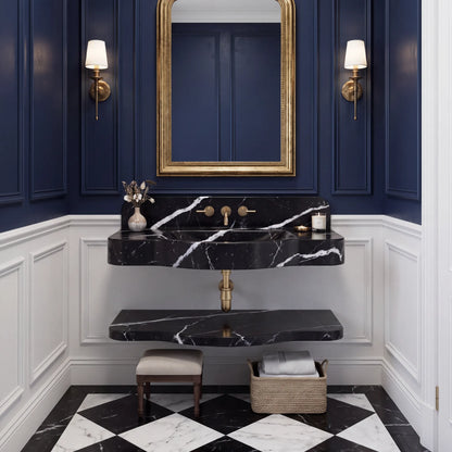 Orsini – Custom Wall-Mounted Nero Marquina Marble Bathroom Sink with Floating Shelf