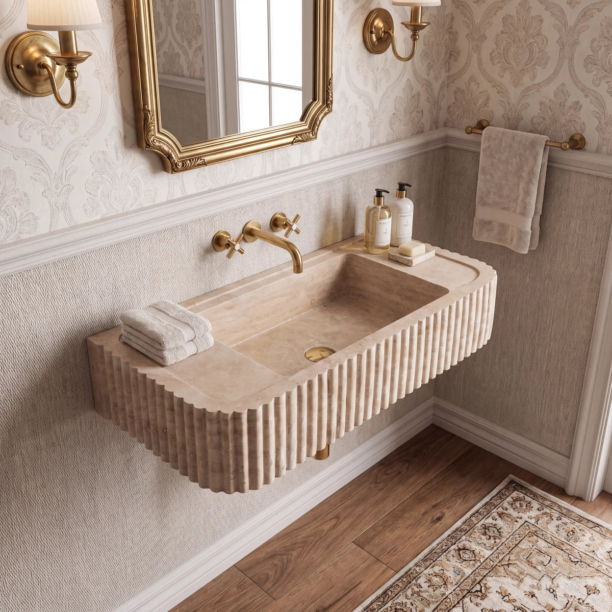 Solenza Custom Wall-Mounted Fluted Travertine Marble Bathroom Sink