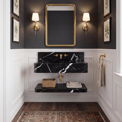 Sorano – Custom Wall-Mounted Nero Marquina Marble Bathroom Sink with Floating Shelf