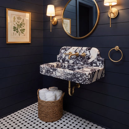 Sorrento - Custom Wall-Mounted Fluted Calacatta Viola Marble Bathroom Sink with Backsplash