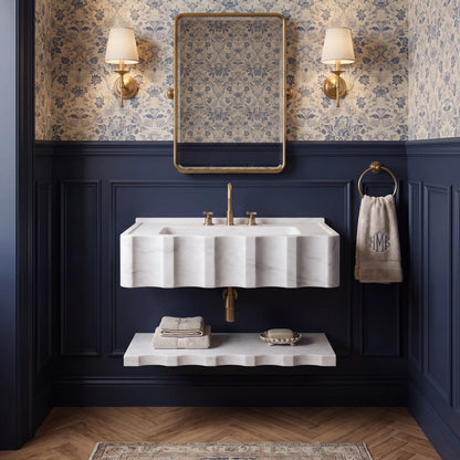 Vienna – Custom Wall-Mounted Fluted Carrara White Marble Bathroom Sink with Floating Shelf