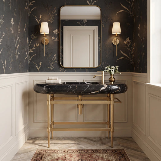 Elysia – Custom Nero Marquina Marble Sink with Solid Brass Console Legs