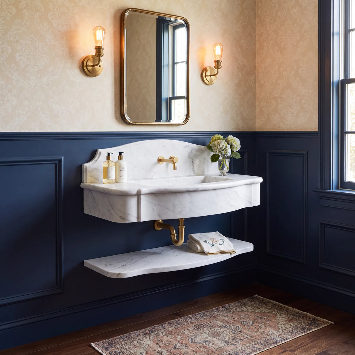 Valletta – Custom Wall-Mounted Carrara White Marble Bathroom Sink with Backsplash & Floating Shelf