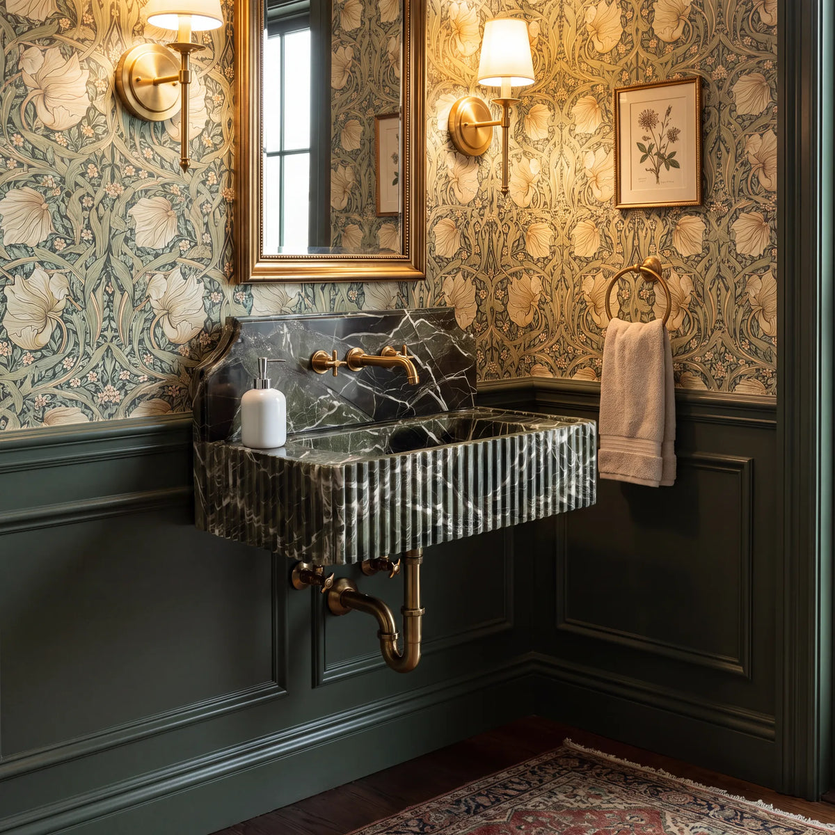 Verdessa - Custom Wall-Mounted Fluted Green Marble Bathroom Sink with Backsplash