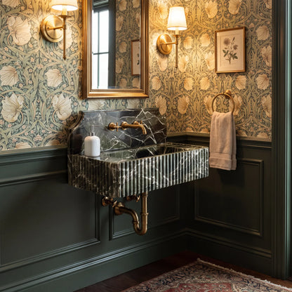 Verdessa - Custom Wall-Mounted Fluted Green Marble Bathroom Sink with Backsplash