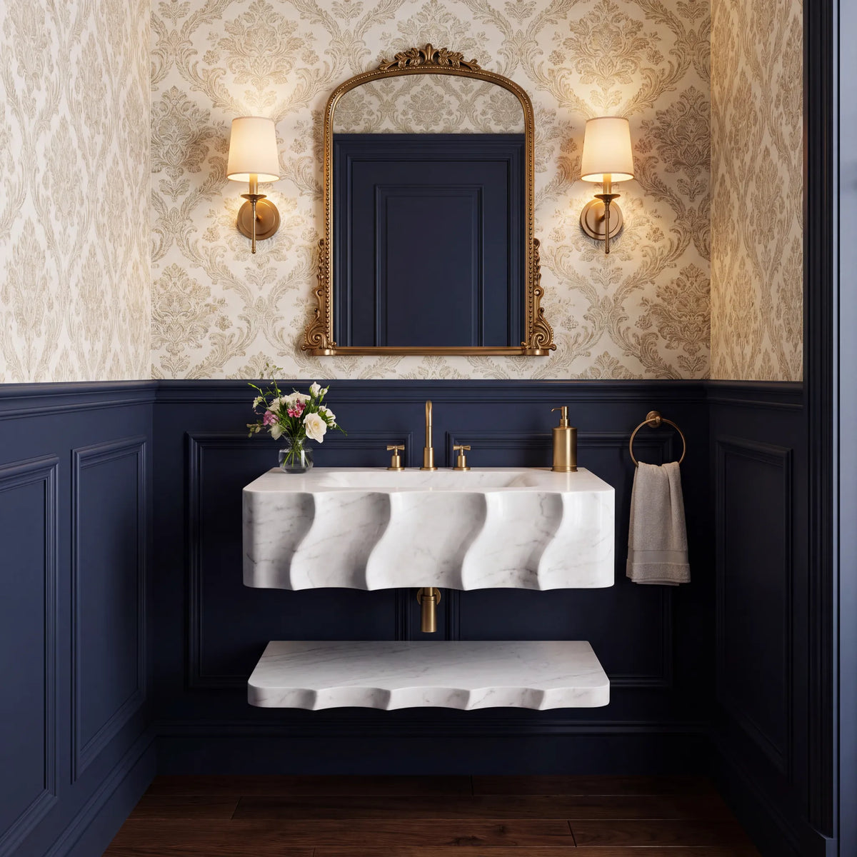 Vilnius – Custom Wall-Mounted Sculpted Carrara White Marble Bathroom Sink with Floating Shelf