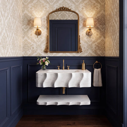 Vilnius – Custom Wall-Mounted Sculpted Carrara White Marble Bathroom Sink with Floating Shelf