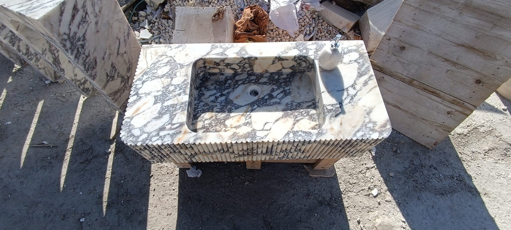 48’’ Calacatta Viola Fluted Marble Sink – Wall Mounted Floating Vanity – Luxury Bathroom Sink Handmade