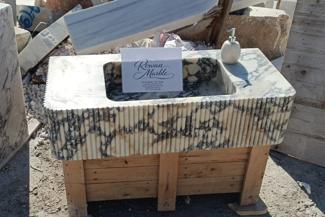 48’’ Calacatta Viola Fluted Marble Sink – Wall Mounted Floating Vanity – Luxury Bathroom Sink Handmade