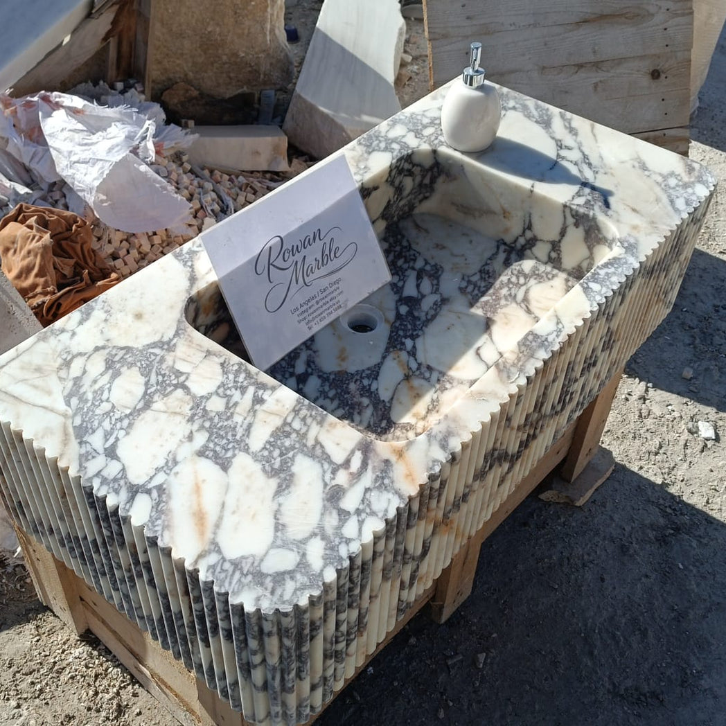 48’’ Calacatta Viola Fluted Marble Sink – Wall Mounted Floating Vanity – Luxury Bathroom Sink Handmade