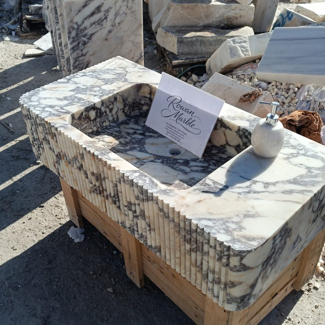 48’’ Calacatta Viola Fluted Marble Sink – Wall Mounted Floating Vanity – Luxury Bathroom Sink Handmade