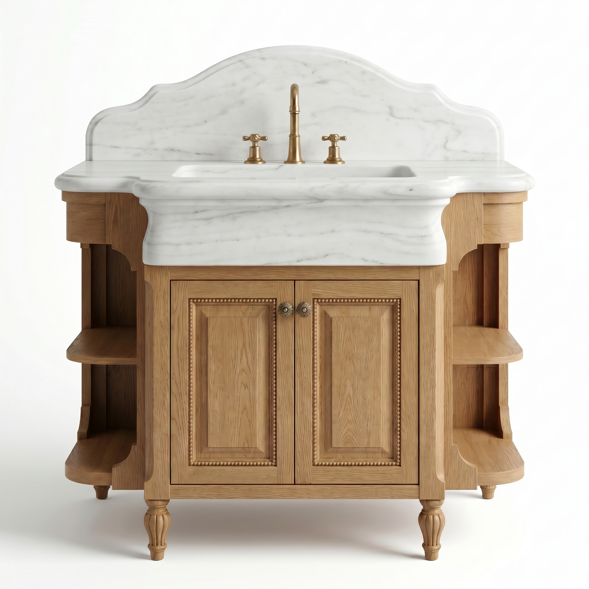 Wooden bathroom vanity with marble countertop and faucet on a white background
