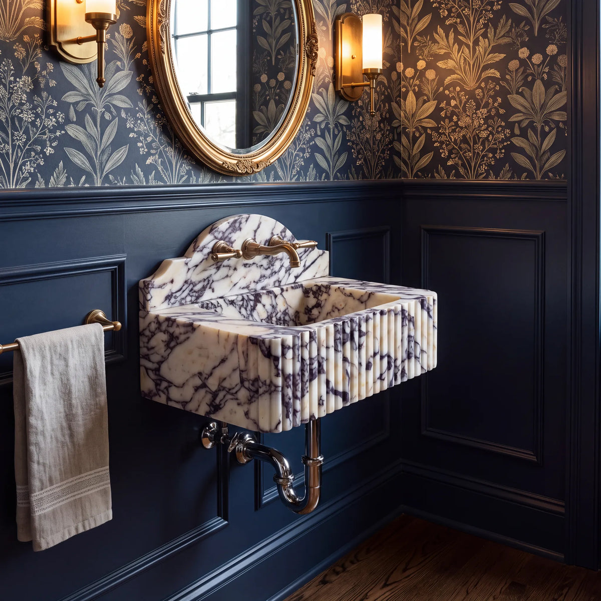 Bellaro Custom Wall-Mounted Fluted Calacatta Viola Marble Bathroom Sink with Backsplash