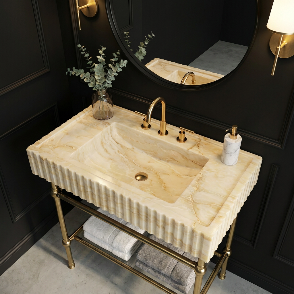 30" Calacatta Gold Fluted Marble Sink With Brass Console Legs