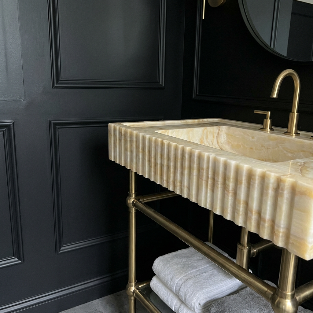 30" Calacatta Gold Fluted Marble Sink With Brass Console Legs