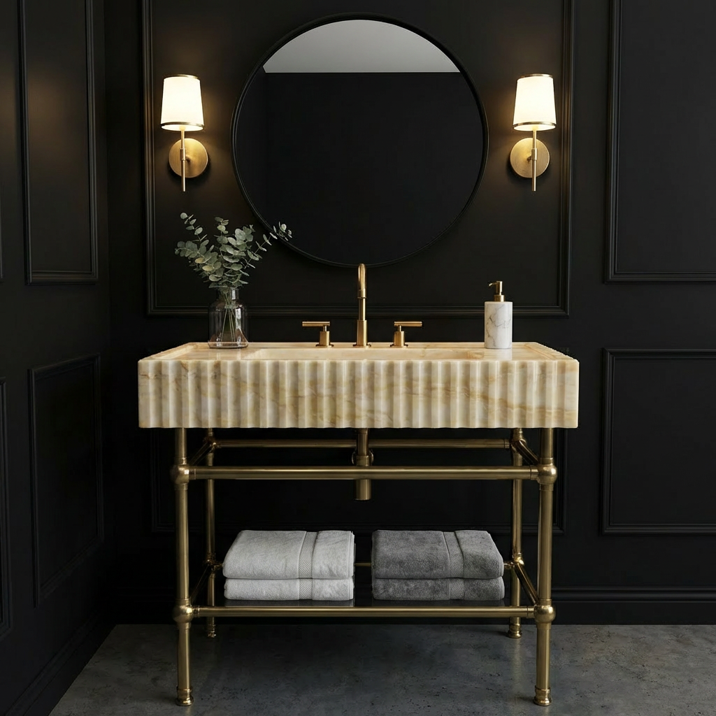 30" Calacatta Gold Fluted Marble Sink With Brass Console Legs