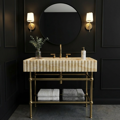 30" Calacatta Gold Fluted Marble Sink With Brass Console Legs