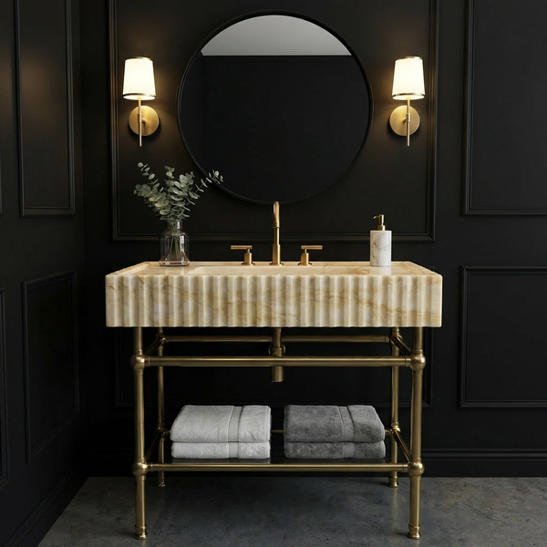 30" Calacatta Gold Fluted Marble Sink With Brass Console Legs