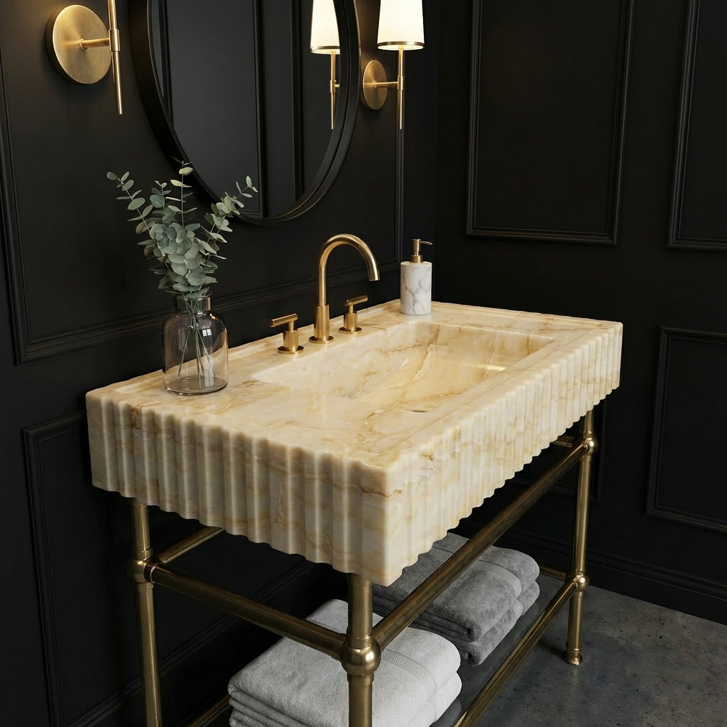 30" Calacatta Gold Fluted Marble Sink With Brass Console Legs