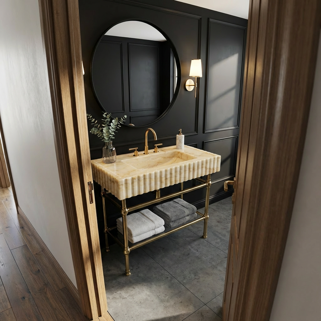 30" Calacatta Gold Fluted Marble Sink With Brass Console Legs