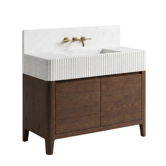 Alderley custom Carrara White marble bathroom vanity with fluted sink, backsplash and handcrafted walnut cabinet