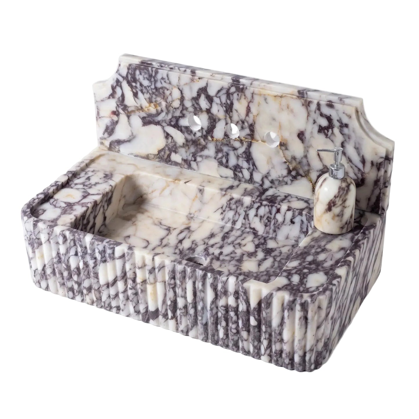 A rectangular marble sink with a matching backplate, featuring a fluted front, a recessed basin, and a small soap dish, shown on a light gray background.