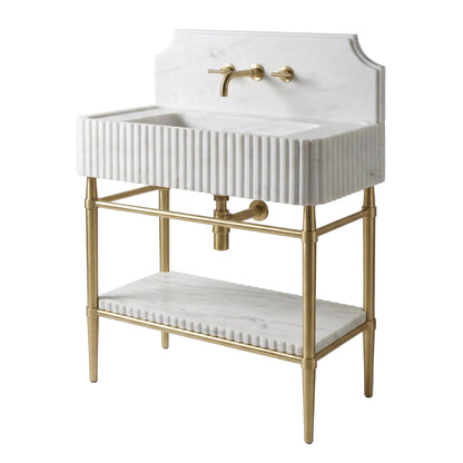 Altera 30 inch Carrara White marble bathroom vanity with sink, solid brass console legs and matching marble shelf
