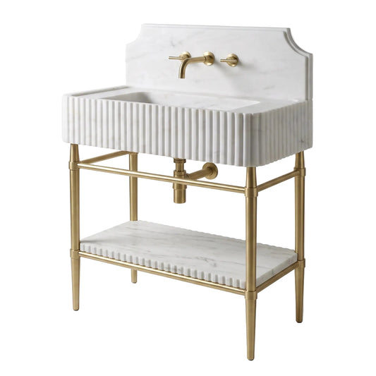 Altera 30 inch Carrara White marble bathroom vanity with sink, solid brass console legs and matching marble shelf