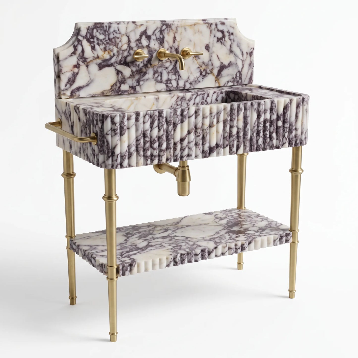 A vintage-style vanity sink with a white and gray marble patterned fabric upholstery and polished gold brass hardware, legs, and faucet, shown on a clean white background.