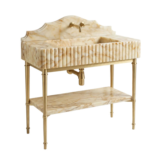 Amalfi 30 inch Calacatta Gold marble bathroom vanity sink with solid brass console legs and matching marble shelf