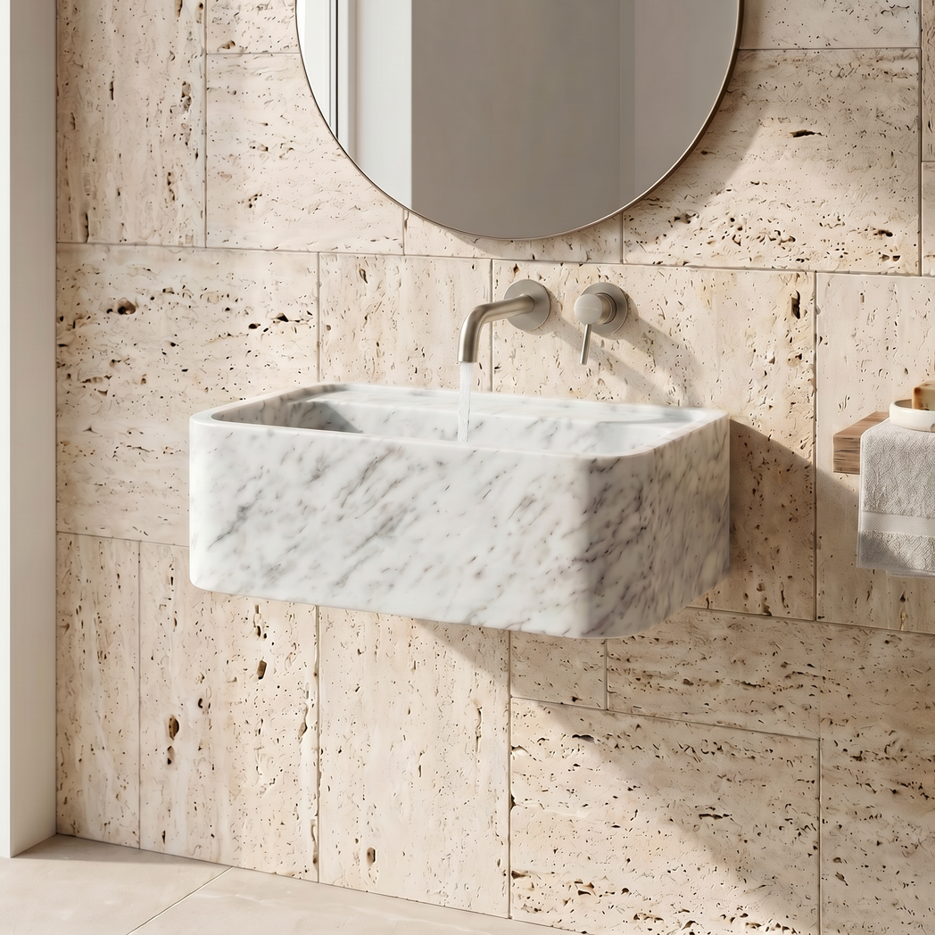 24" Carrara White Smooth Marble Sink  – Wall Mounted Floating Vanity – Luxury Bathroom Sink Handmade