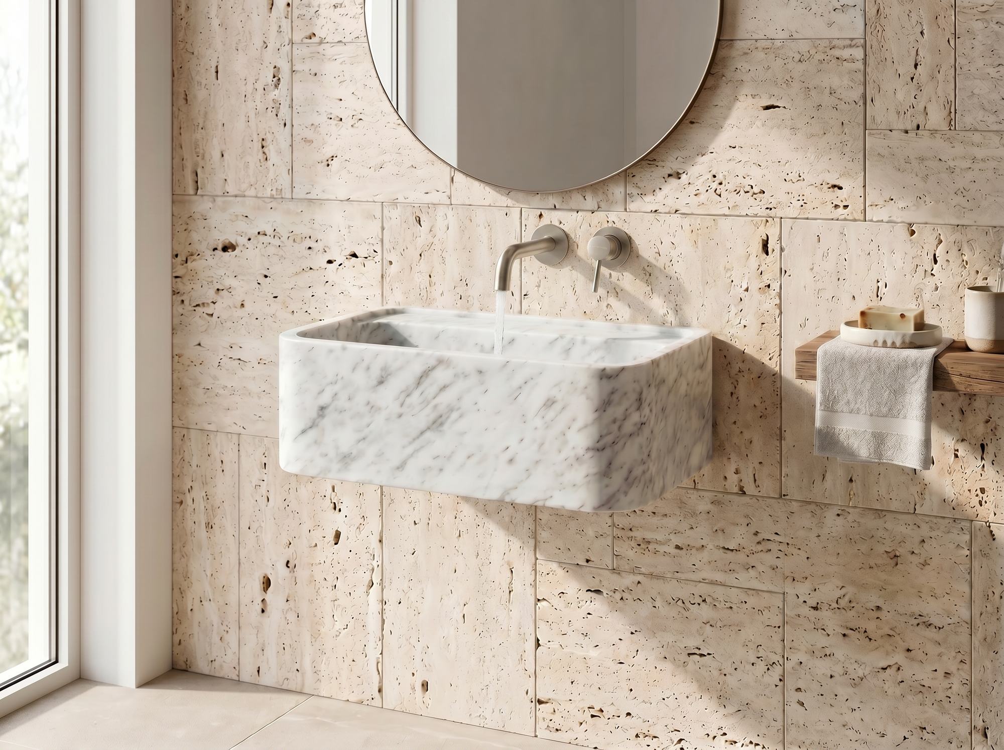24" Carrara White Smooth Marble Sink  – Wall Mounted Floating Vanity – Luxury Bathroom Sink Handmade