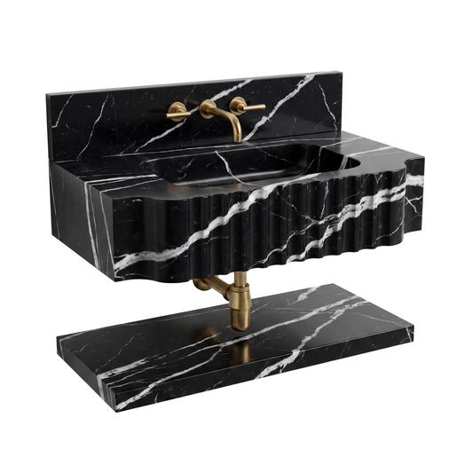 Ancona 30 inch Nero Marquina fluted wall mounted marble bathroom sink with matching floating marble shelf