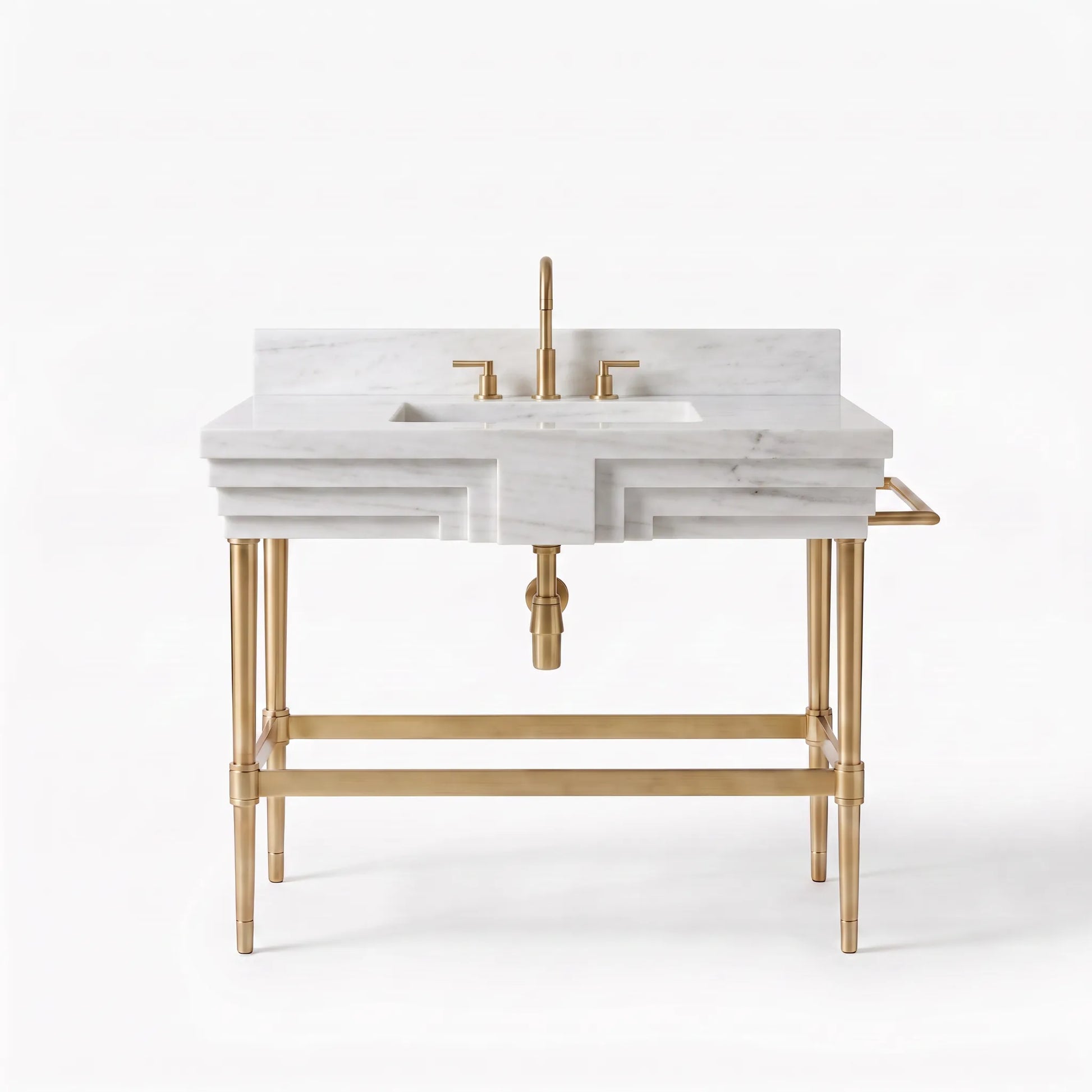 A modern bathroom vanity featuring a white marble sink top with a geometric backplate, supported by a gold-finished metal stand with a matching side towel bar, set against a plain white background.