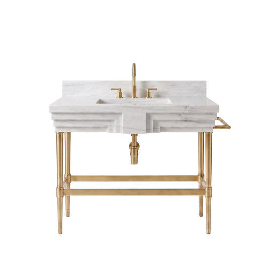 Arcadia 30 inch Carrara White marble bathroom vanity sink with geometric backsplash, solid brass console legs and side towel bar