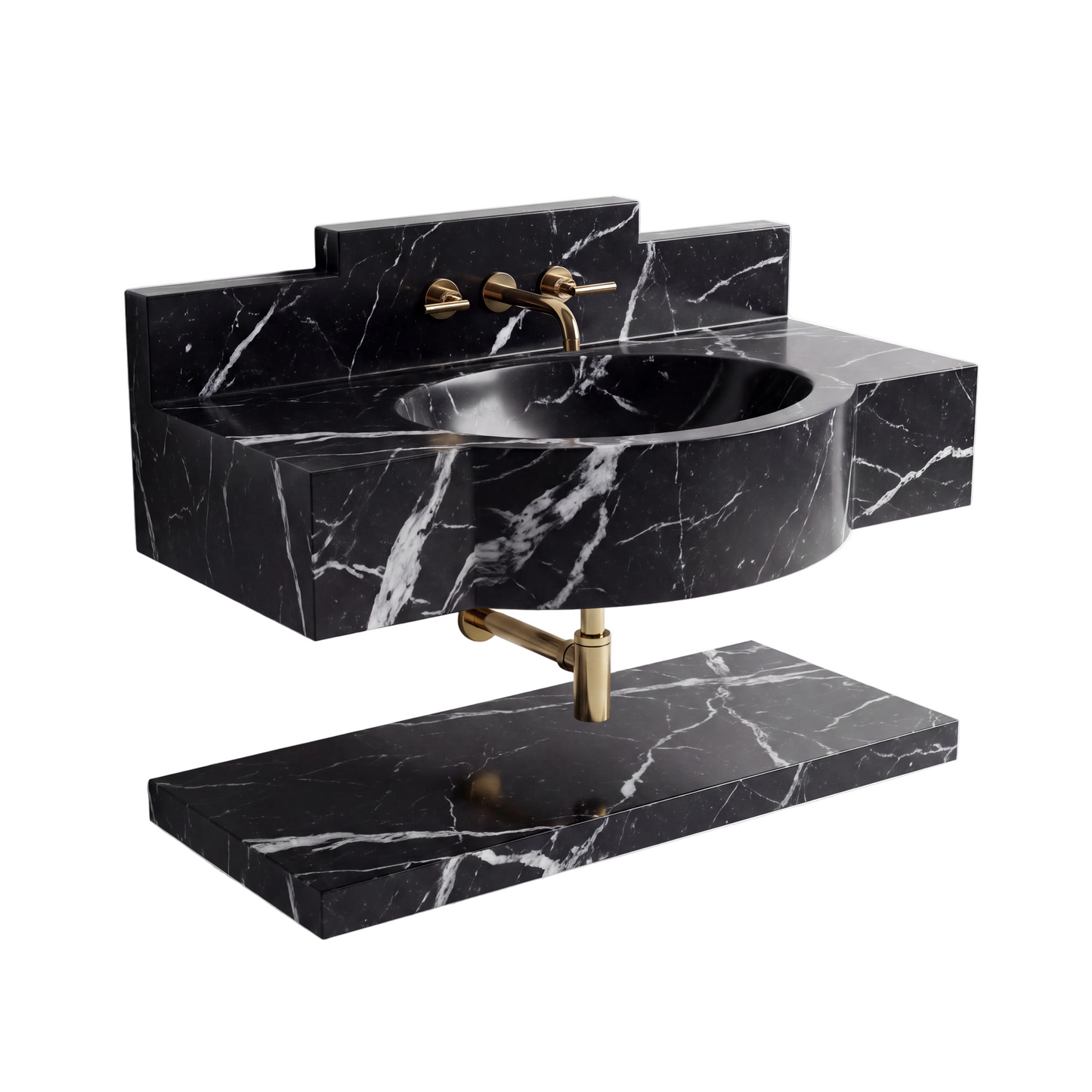 Ardessa 30 inch Nero Marquina wall mounted marble bathroom sink with matching floating marble shelf