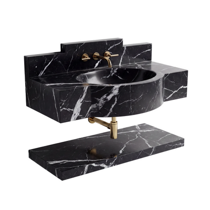 Ardessa 30 inch Nero Marquina wall mounted marble bathroom sink with matching floating marble shelf