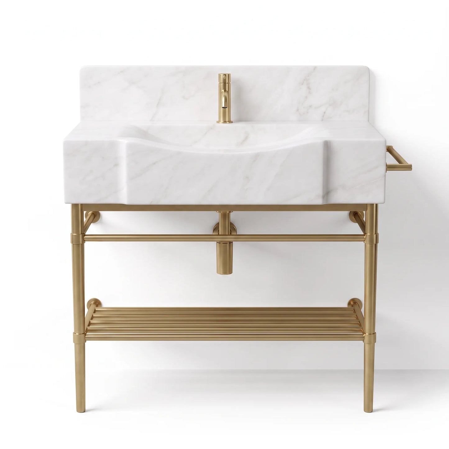 A modern bathroom vanity featuring a white marble sink basin with subtle gray veining, supported by a brushed gold metal frame with a matching gold faucet and backplate.