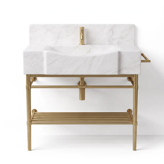 A modern bathroom vanity featuring a white marble sink basin with subtle gray veining, supported by a brushed gold metal frame with a matching gold faucet and backplate.