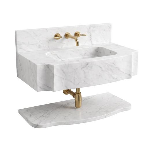 Arizona 30 inch Carrara White wall mounted marble bathroom sink with backsplash and floating marble shelf