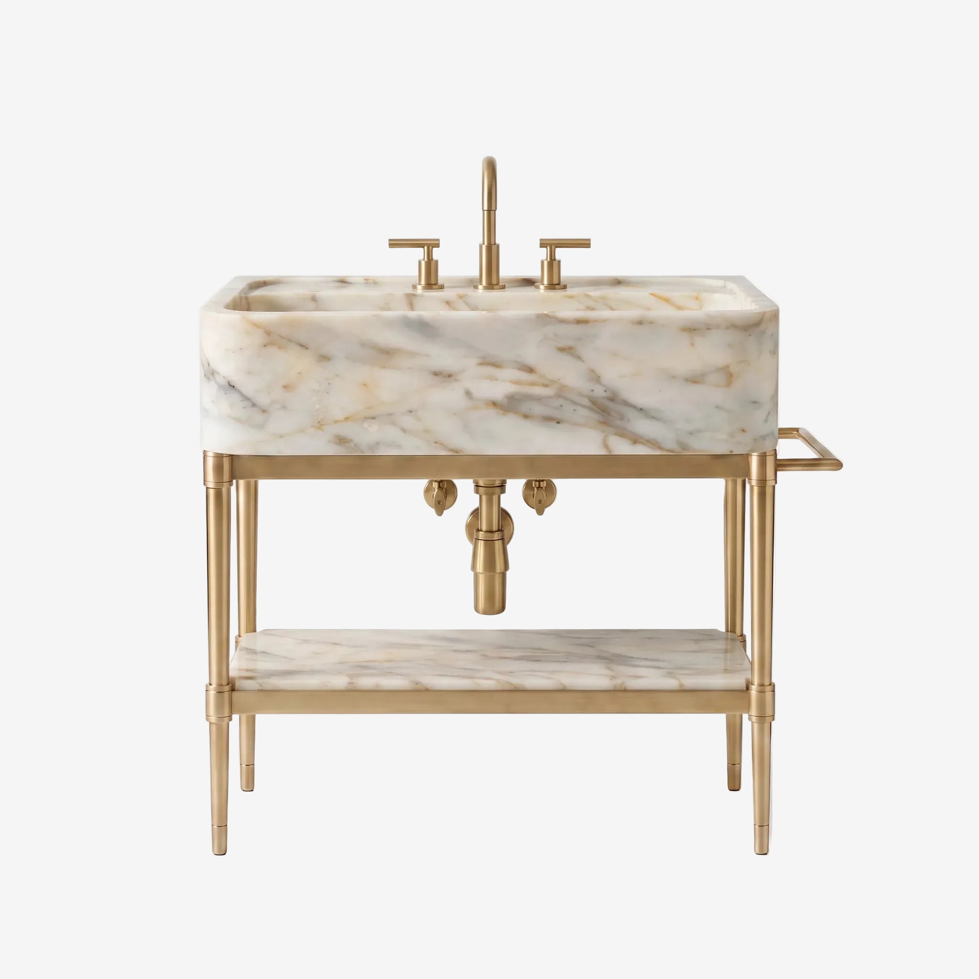 A freestanding bathroom vanity with a rectangular white marble sink featuring gray veining, a matching marble lower shelf, and a gold-finished metal frame, faucet, and plumbing hardware, shown on a light gray background.