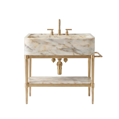 Artisan 30 inch Calacatta Gold marble bathroom vanity with sink, solid brass console legs and marble shelf